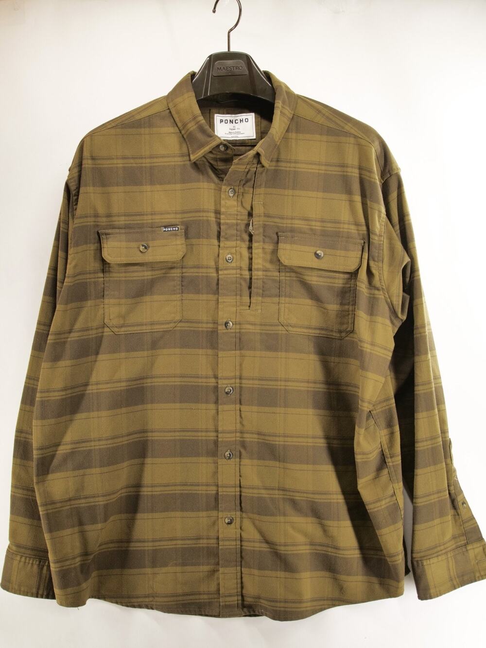 Poncho Outdoors Flannel Shirt Mens XL Regular Fit Olive Green Plaid Magnetic